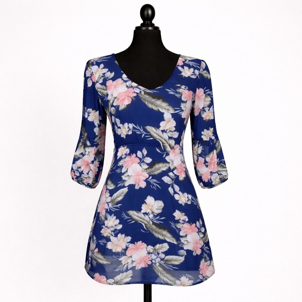 Lulus Shifting Dears Royal Blue Floral Shift Dress Small 3/4 Sleeve